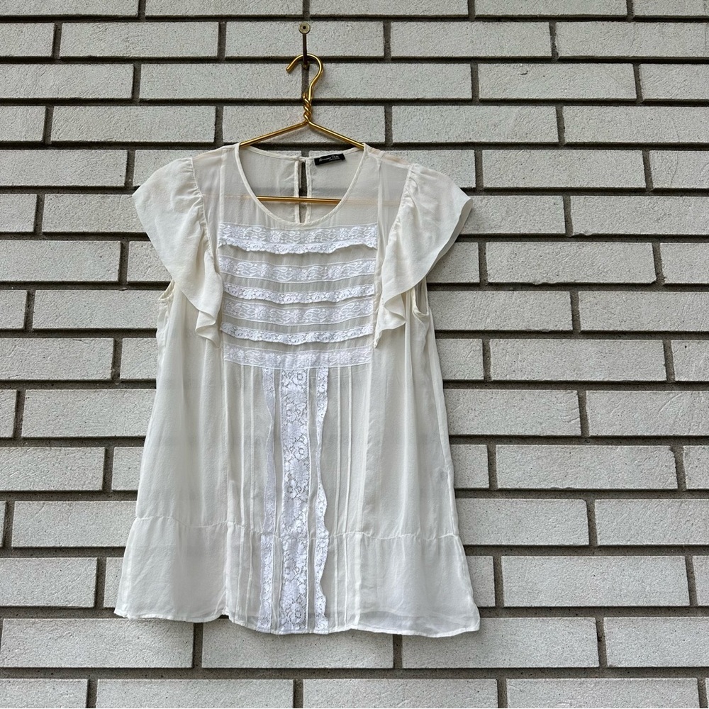 Massimo Dutti Sheer Silk Lace Flutter Sleeve Tunic Dress Cream Ivory Size 10